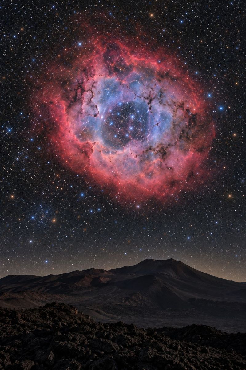 Nebuleuse cosmique astronomie espace univers galaxie celeste nuit ciel etoile amas poussiere formation interstellaire astronomique phenomenes observat L'image montre un magnifique ciel nocturne dominé par une grande nébuleuse colorée. La nébuleuse est circulaire et présente un mélange vibrant de teintes rouges, bleues et violettes, avec des motifs complexes et des volutes de gaz et de poussière. Il est situé au centre du ciel, entouré d'une vaste étendue d'espace sombre parsemée de nombreuses étoiles. Sous la nébuleuse, une chaîne de montagnes accidentée avec un terrain rocheux s'étend au premier plan, donnant une impression d'échelle et de profondeur à la scène. Le ciel est sombre, ce qui permet à la nébuleuse et aux étoiles de ressortir bien en évidence.