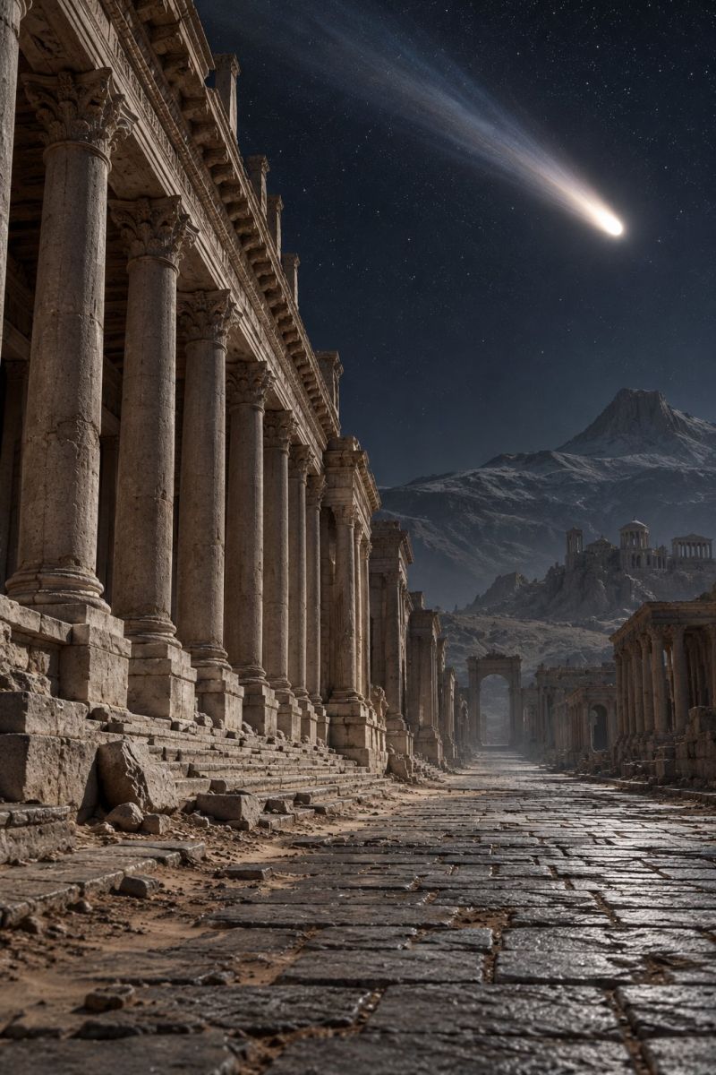 Ancient architecture asteroid astronomy building city classical comet desert dust evening exterior history mountain night outdoors sky space ighttime scene featuring a long, narrow street made of cobblestones, flanked by ancient stone columns on both sides. The columns are tall and sturdy, with intricate carvings on their tops. The street leads towards a distant mountain range, which is partially covered in snow and has a silhouette of a castle or fortress on its peak. In the sky, a bright comet streaks across, leaving a trail of light behind it. The sky is dark, with stars visible, and the overall atmosphere is serene and historic.