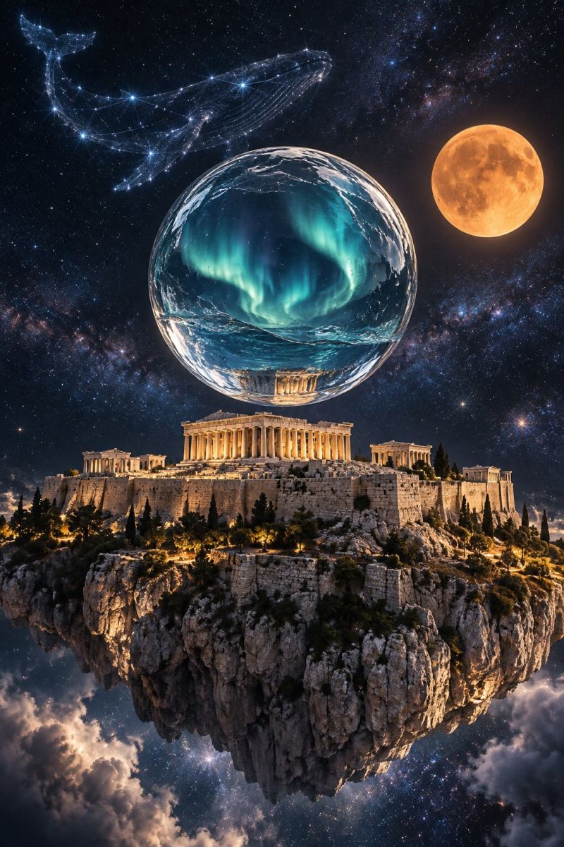 Architecture astronomy atmosphere building cloud clouds cosmos dark design earth fantasy fictional galaxy glow imagination moon night planet surreal scene with the Parthenon Temple from Athens floating in the sky, supported by a large, transparent sphere that reflects the Earth's surface, including the aurora borealis. The moon is prominently displayed on the right side, glowing brightly. A large, glowing whale is swimming in the sky, adding to the fantastical atmosphere. The background is a deep, starry night sky with a hint of the Milky Way. The scene is set against a back of clouds and a rocky cliff, giving the impression of floating in space.