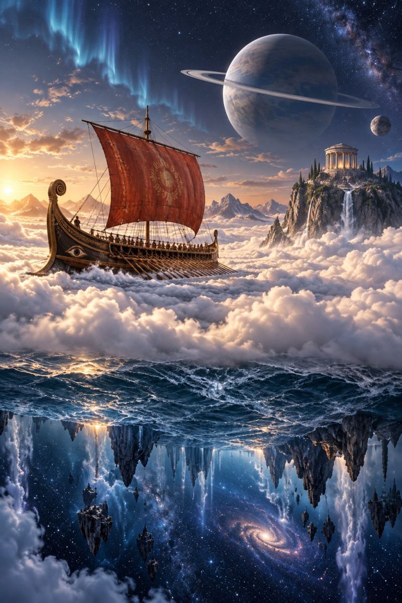 Espace navire nuages planete eau ciel soleil montagne galaxie aurore architecture fantaisie imagination exploration astronomie extraterrestre extrater Un ancien navire viking à la voile rouge navigue dans un paysage surréaliste. Le navire est rempli de rameurs et il semble flotter au-dessus d'une mer qui reflète le ciel en contrebas. Le ciel est rempli de corps célestes, dont une grande planète avec des anneaux, une planète plus petite et une galaxie. À l'arrière-plan, il y a une montagne surmontée d'un temple et une cascade tombe en cascade sur le flanc. La scène est illuminée par la douce lueur du soleil et la lumière éthérée des aurores boréales.