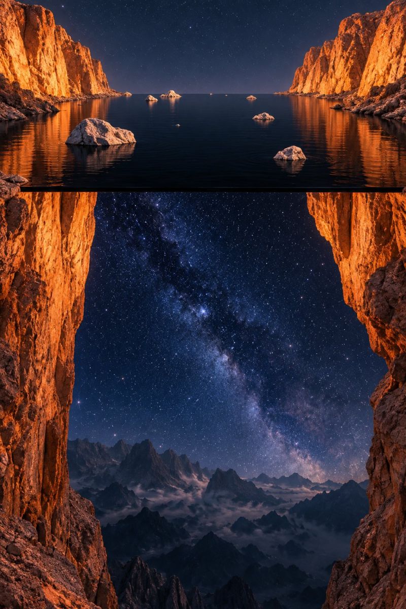 Nuit ciel montagne rocher eau mer falaise reflet etoile nuage obscurite L'image est divisée en deux parties. La partie supérieure montre un paysage marin serein avec une mer bleu foncé calme reflétant les teintes orangées du soleil couchant. La mer est parsemée de quelques petites îles rocheuses. La partie inférieure de l'image révèle un ciel nocturne époustouflant rempli d'étoiles, dont la Voie lactée, visible à travers un canyon rocheux. Les parois du canyon sont robustes et oranges, reflétant les couleurs du coucher de soleil dans la partie supérieure. Le ciel est d'un bleu profond et les étoiles sont éparpillées à travers l'étendue, créant un spectacle céleste époustouflant.