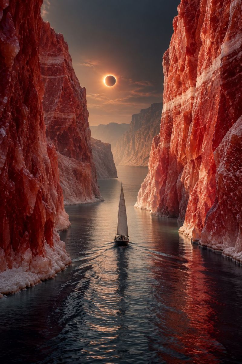 Bateau eau voile rocher falaise montagne ciel soleil coucher reflet mer ocean nature voyage aventure exploration beaute Un voilier traverse un canyon étroit d'un rouge profond aux parois abruptes et déchiquetées. L'eau est calme et reflète la teinte rougeâtre des parois du canyon. Le ciel est un mélange d'orange et de bleu, le soleil étant partiellement éclipsé, projetant une ombre spectaculaire sur le canyon. La scène est sereine et pittoresque, le voilier semblant petit sur un paysage vaste et accidenté.