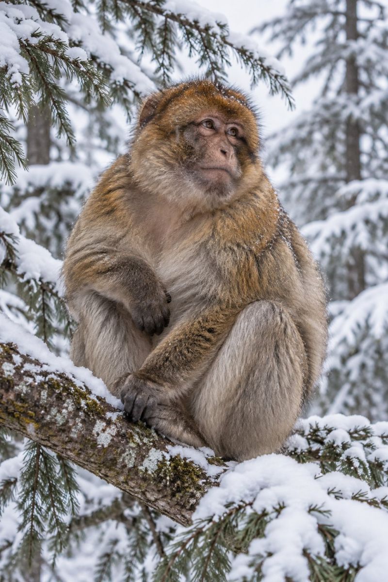Monkey wildlife nature animal snow tree forest winter outdoors mammal cold branch bark A monkey is sitting on a tree branch covered in snow. The monkey has a brown coat and is looking to the left. Its face is covered with snow, and its fur is slightly ruffled. The tree branch is covered in snow, and the monkey's shadow is cast on the snow. Behind the monkey, there are several trees covered in snow.
