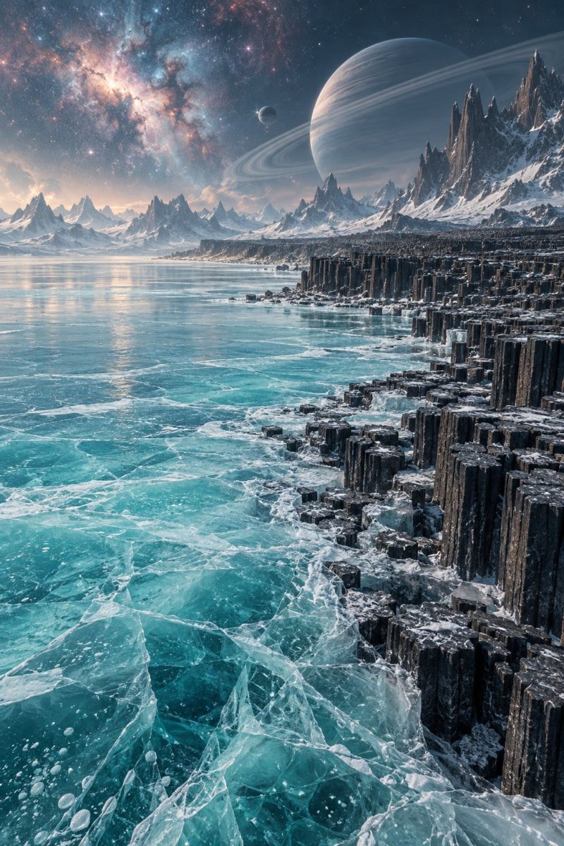 Ocean water rock ice mountain sky planet space sea rocky shore shoreline vast, icy landscape with a large body of water, possibly a sea or ocean, under a night sky filled with stars and celestial bodies. The water is a deep blue, with visible ice formations and ripples. Rocky cliffs and jagged rocks line the shore, some of which are covered in snow. In the background, there are snow-capped mountains and a large, distant planet with rings, resembling Saturn. The sky is a mix of deep blues and purples, with a few clouds and a bright, glowing star. The overall scene is serene and otherworldly, with a sense of vastness and isolation.