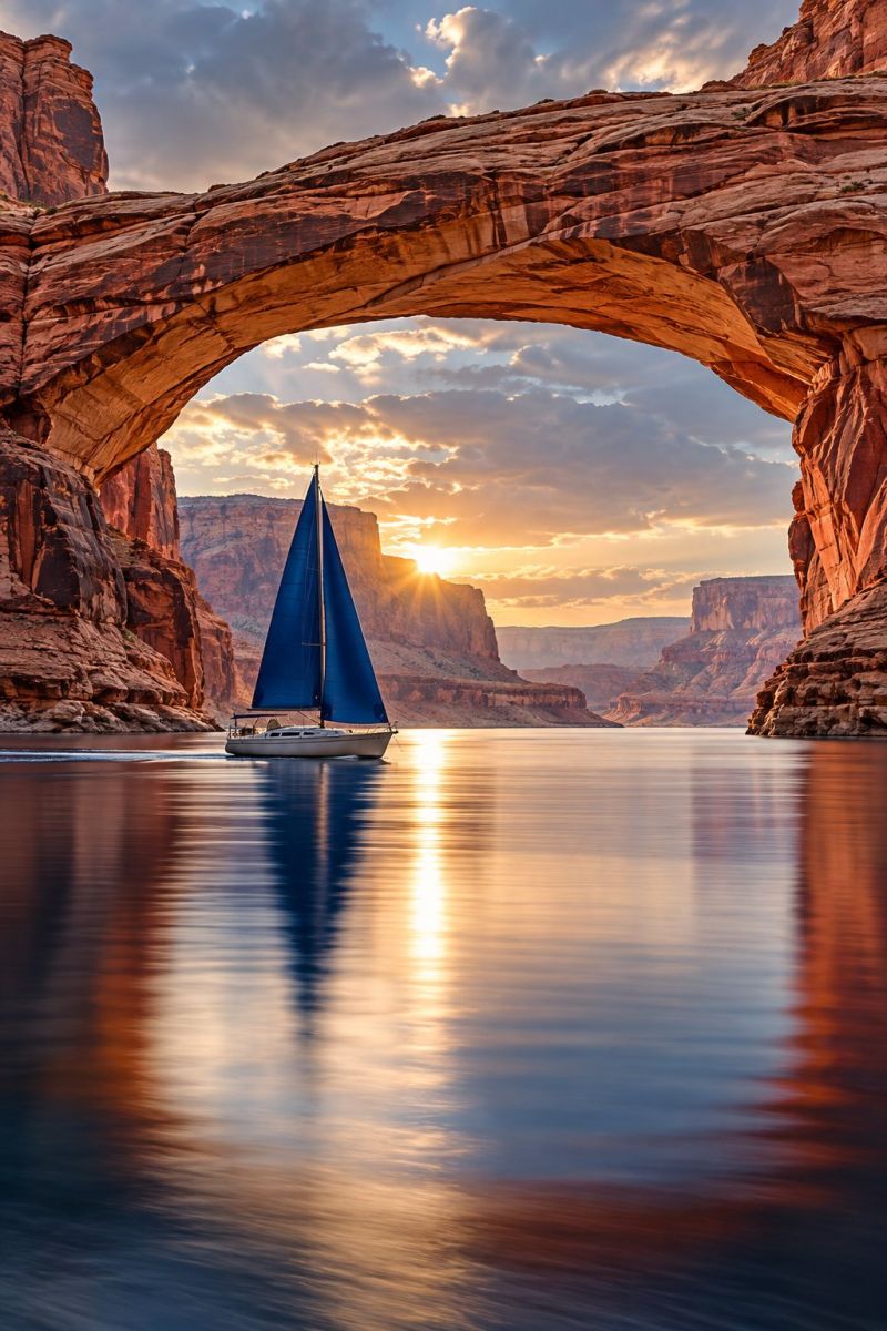 Bateau pont canot falaise falaises croisiere jour desert lac montagne montagnes air rocher voile formation Un voilier à voile bleue navigue sur un plan d'eau calme, peut-être un lac ou une rivière. Le voilier est placé sous une arche rocheuse naturelle, formée par les falaises environnantes. Le soleil se couche en arrière-plan, projetant une lueur chaleureuse sur l'eau et le paysage environnant. L'eau reflète les couleurs du ciel et des rochers environnants, créant une scène sereine et pittoresque. Le ciel est rempli de nuages, ce qui ajoute à la beauté du coucher de soleil.