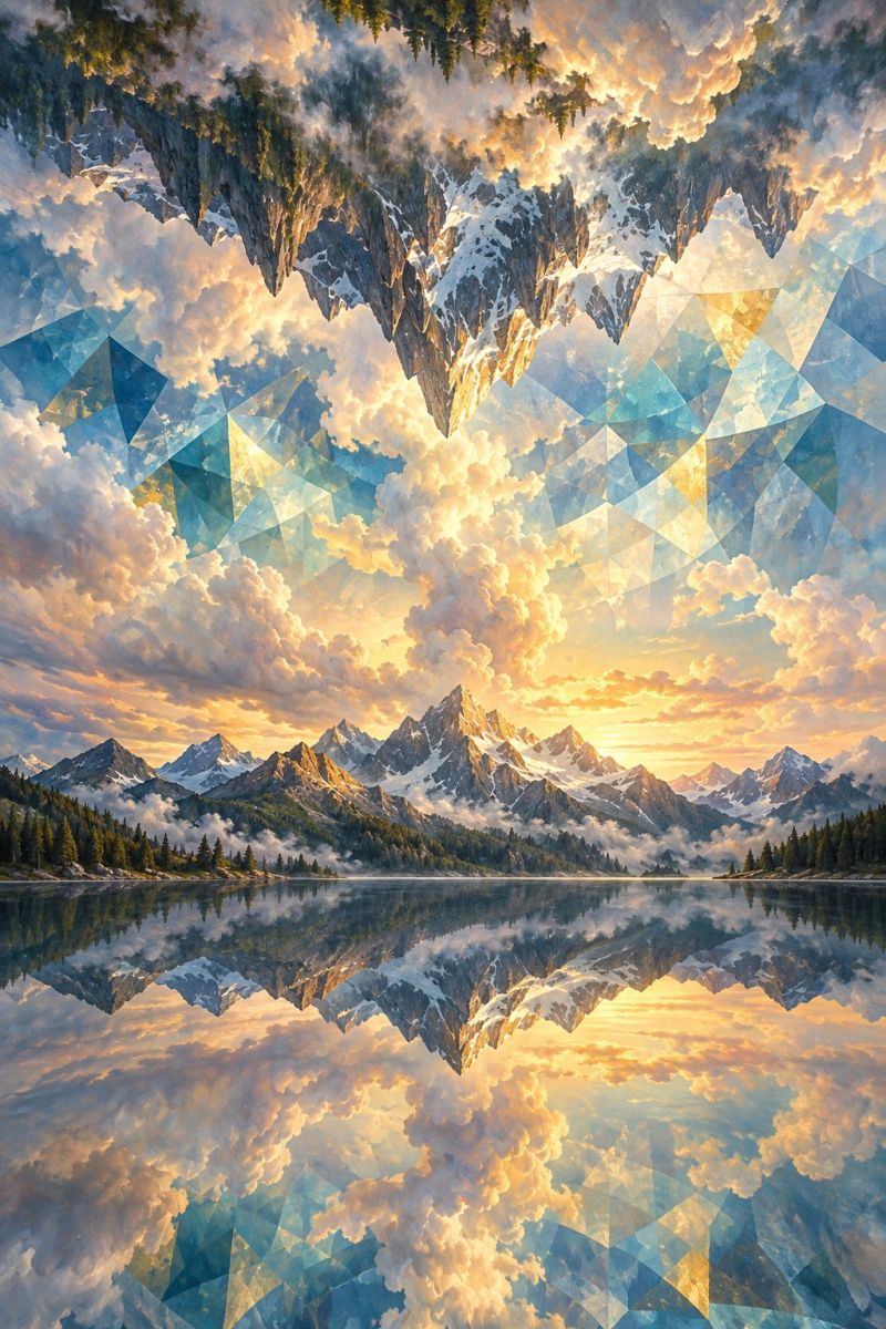 Montagnes lac reflet ciel nuages geometrie nature coucher soleil eau arbres foret rochers neige collines vallee horizon paysage de montagne serein avec un grand lac calme reflétant le ciel et les montagnes. Le ciel est rempli de nuages blancs duveteux et d'une lumière chaude et dorée au coucher du soleil. Les montagnes sont couvertes de neige et présentent des sommets irréguliers. Le premier plan présente un motif géométrique de triangles bleus et jaunes qui recouvrent le paysage naturel, créant un effet surréaliste. Le reflet des montagnes et du ciel dans le lac est clair et détaillé, ce qui ajoute de la profondeur à la scène. L'atmosphère générale est paisible et majestueuse.
