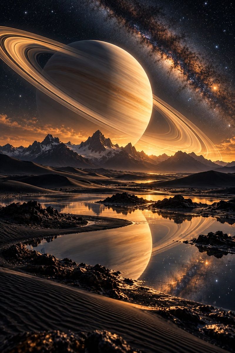 Planet sky space universe astronomy cosmos star galaxy night celestial starry outer vast, otherworldly landscape with a large planet in the sky. The planet is Saturn, recognizable by its iconic rings. The rings are prominently displayed, casting a golden hue over the scene. The planet itself is a deep blue, with swirling clouds and bands of color. In the foreground, there is a serene body of water reflecting the planet and the sky. The water is calm, with gentle ripples. The landscape is dotted with rocky outcrops and dunes, creating a stark contrast with the smooth water. In the distance, a range of snow-capped mountains is silhouetted against the setting sun, casting long shadows. The sky is a deep, dark blue, dotted with stars and a faint, glowing Milky Way. The overall scene is bathed in a warm, golden light, creating a sense of tranquility and wonder.