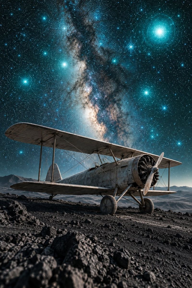 Ciel nuit espace galaxie etoile univers cosmos astronomie exploration aviation voyages aventure roche montagne poussiere route sol Un vieux biplan est stationné sur une surface rocheuse, peut-être dans le désert. L'avion possède une hélice à l'avant et un aileron arrière. Le ciel est rempli d'étoiles et la galaxie de la Voie lactée est visible en arrière-plan. Les étoiles sont éparpillées dans le ciel et la galaxie est une bande de lumière brillante et rougeoyante. L'ombre de l'avion est projetée sur le sol et les rochers sont illuminés par la lumière des étoiles.