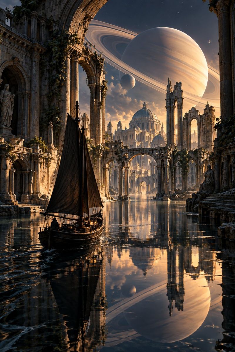 Architecture bateau pont batiment ville classique fantastique fictif imaginaire sculpture temple mur eau fenetre Au premier plan, un petit voilier glisse doucement sur un plan d'eau calme, son reflet reflétant la sérénité de la scène. Le bateau est positionné au centre, avec une personne assise à la barre qui profite du voyage tranquille. L'eau est limpide et reflète le ciel et l'architecture environnante. Sur le côté gauche de l'image, une grande structure ancienne se dresse, ornée de sculptures et de statues complexes. Le bâtiment présente un mélange d'arches et de colonnes, dont certaines sont partiellement recouvertes de vignes, ajoutant une touche de nature à l'architecture. Le ciel au-dessus est un mélange captivant de teintes orange et bleu, avec une grande planète bien en vue, ses anneaux visibles, ce qui ajoute une impression d'échelle et d'émerveillement. Au loin, on aperçoit un autre corps céleste, probablement une lune, qui contribue à l'atmosphère mystique de la scène.