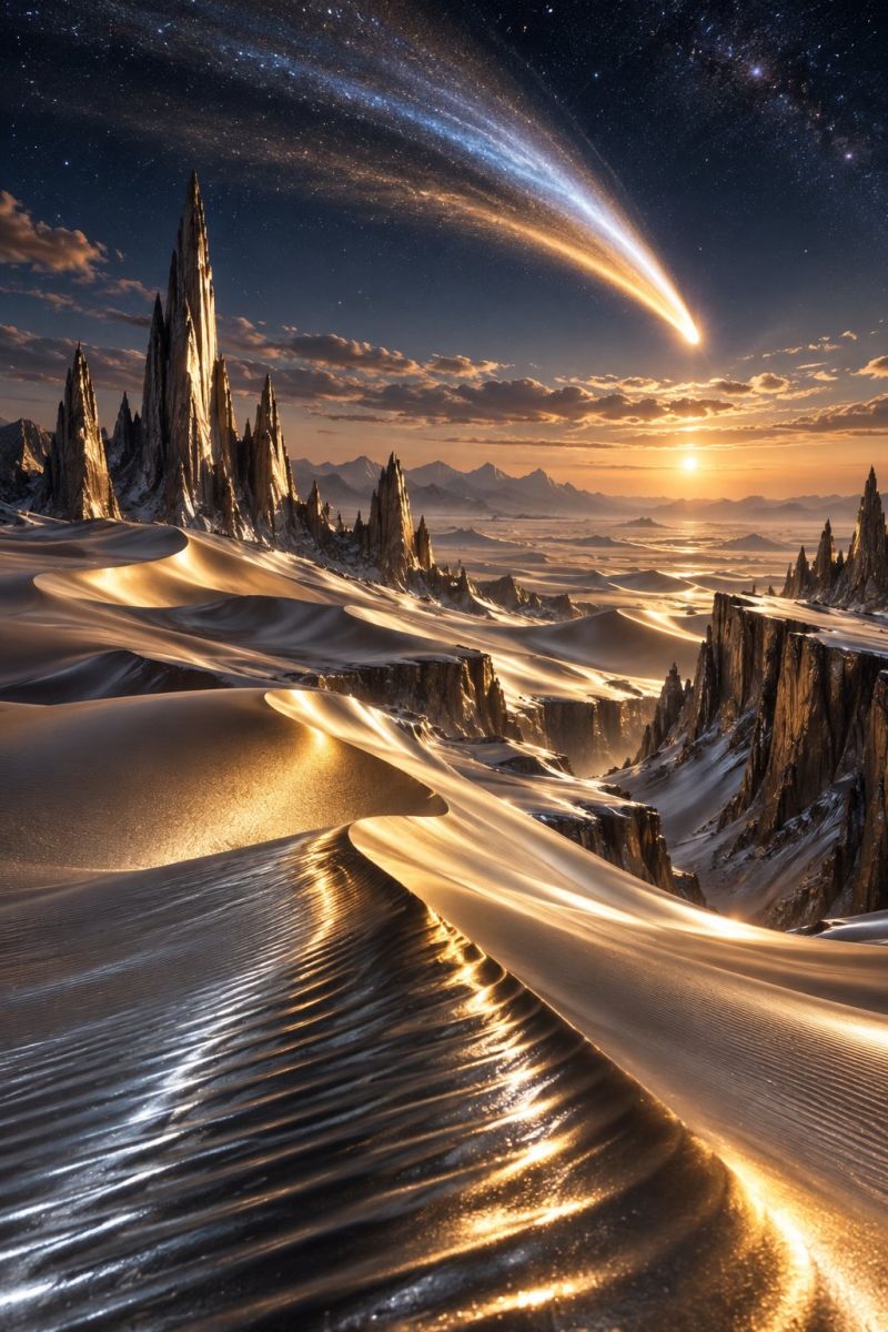 Desert sky sunset mountain rock sand cloud horizon night star comet space astronomy meteor meteorite outer shower vast desert landscape under a night sky filled with stars. In the foreground, there are large, golden sand dunes with intricate patterns created by the wind. The sand reflects the light from the setting sun, casting a warm glow across the scene. To the left, there are tall, sharp rock formations that rise dramatically from the desert floor, their surfaces illuminated by the sun's rays. In the distance, the horizon is marked by a line of jagged mountains. Above the desert, a bright comet streaks across the sky, leaving a trail of light behind it. The sky is a deep blue, dotted with stars, and the Milky Way is faintly visible. The overall atmosphere is serene and otherworldly.