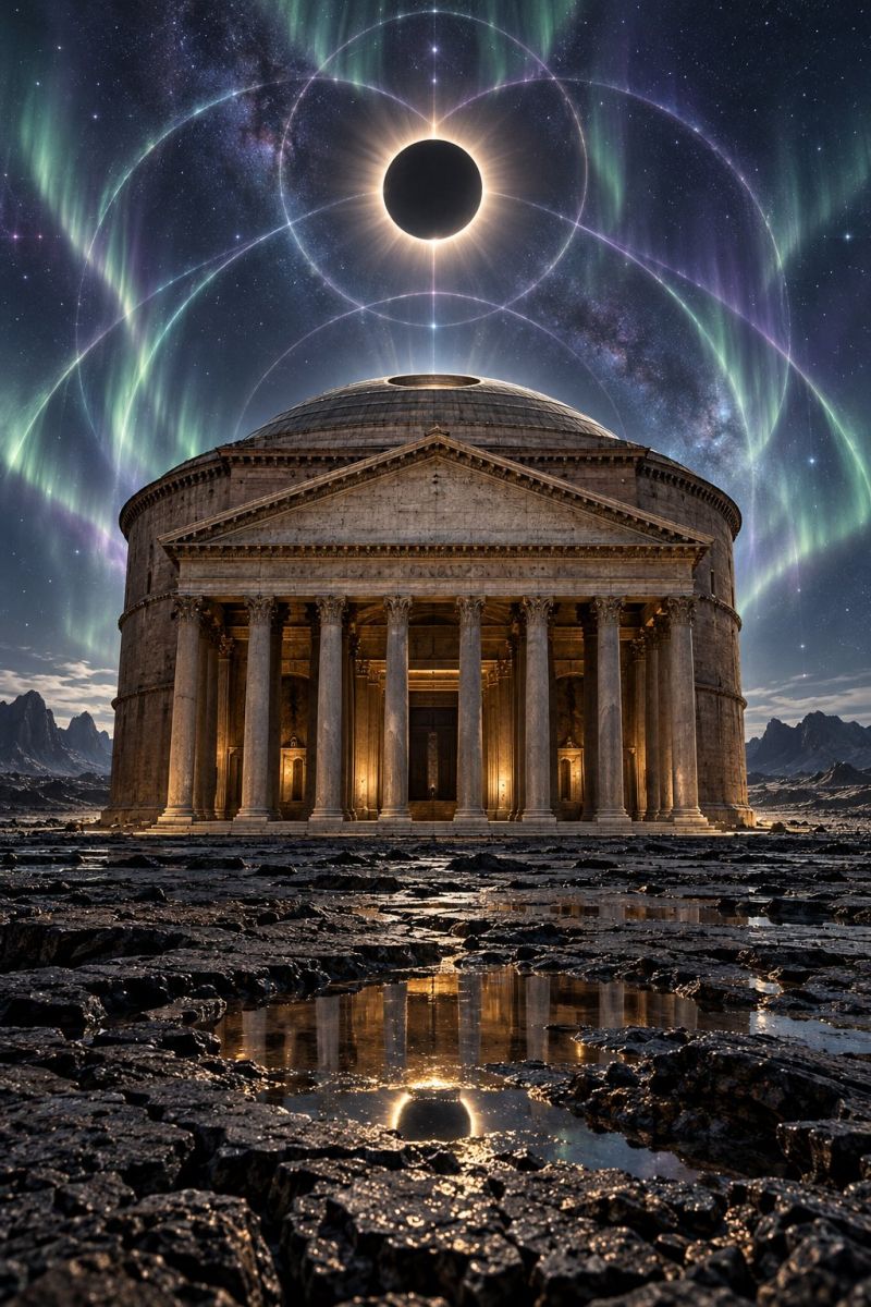 Architecture building classical temple grand, ancient building with a dome roof and a row of tall columns in front, standing in a vast, rocky landscape. The building is illuminated by a warm, golden light, casting reflections on the wet ground. Above the building, a solar eclipse is occurring, with the moon blocking the sun, surrounded by ethereal, glowing rings. The sky is a deep blue, filled with stars and the faint glow of the Milky Way. In the background, there are distant mountains, and the sky is adorned with vibrant, colorful auroras.