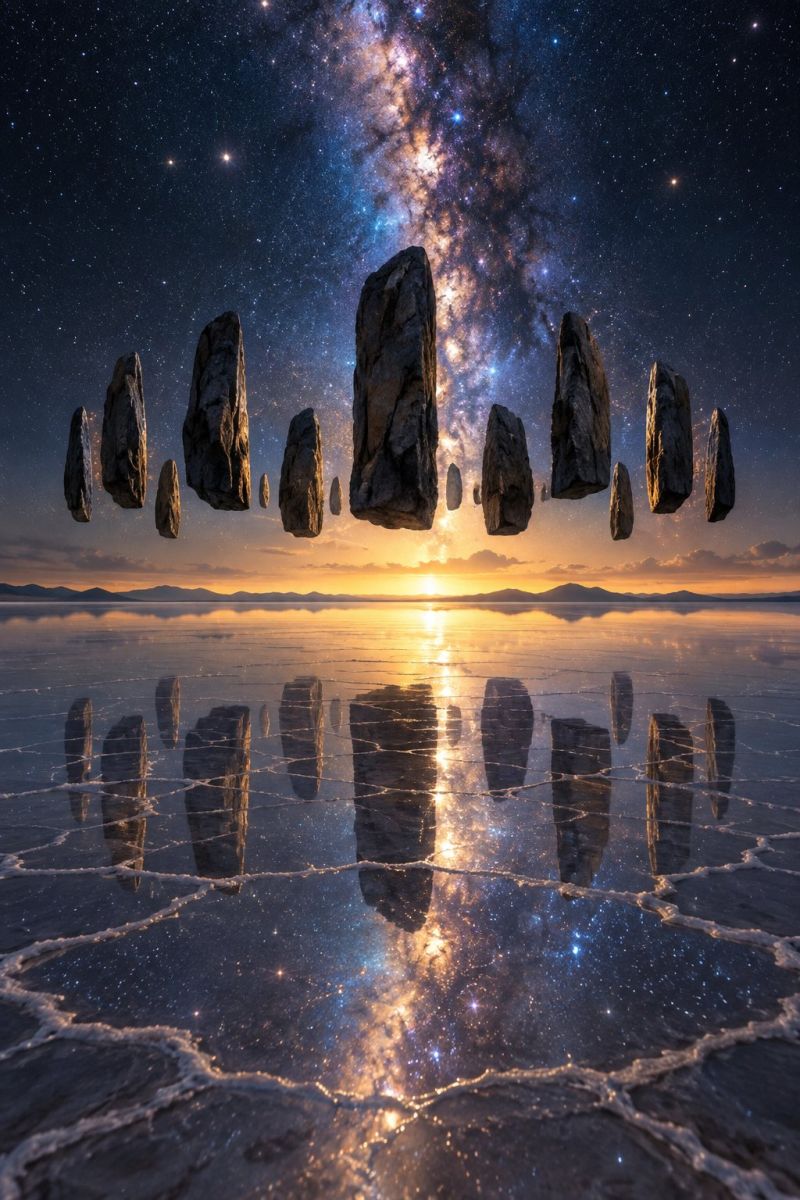 Night sky rock water reflection lake sunset horizon mountain cloud star galaxy sea clouds seascape a series of large, irregularly shaped rocks float in the air above a vast, flat, and reflective surface, likely a lake or sea. The rocks are arranged in a row, with some appearing to be in motion. The sky is a deep blue, filled with stars and a prominent Milky Way galaxy. The sun is setting on the horizon, casting a warm glow over the scene. The water below reflects the rocks and the sky, creating a mirror-like effect. The overall atmosphere is serene and otherworldly, with the floating rocks adding a sense of mystery and wonder.