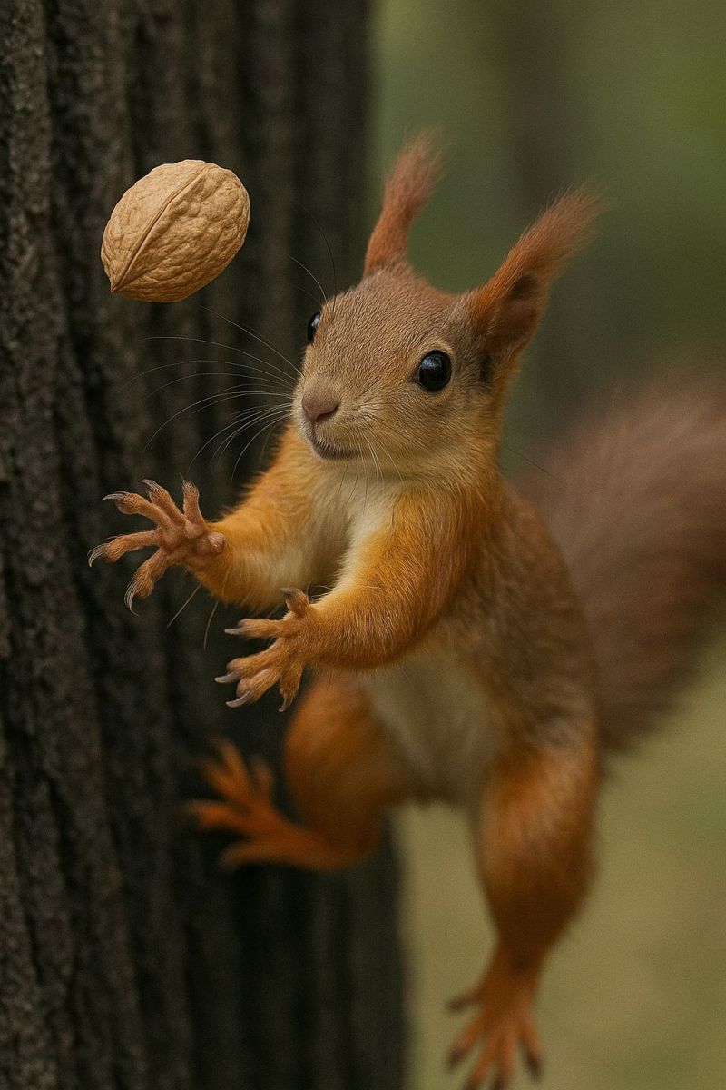 Squirrel tree nut jumping wildlife forest nature animal outdoors climbing rodent tail paws eyes fur bark motion daylight A red squirrel is captured mid-jump, reaching out with its paws towards a walnut floating in the air. The squirrel has a bright orange fur coat with a white underbelly, and its bushy tail is extended behind it. Its face is small and round, with large, dark eyes and a short, pointed nose. The squirrel's paws are spread wide, and its claws are visible. The background is a tree trunk with a rough, textured surface, and the ground is covered in green grass.