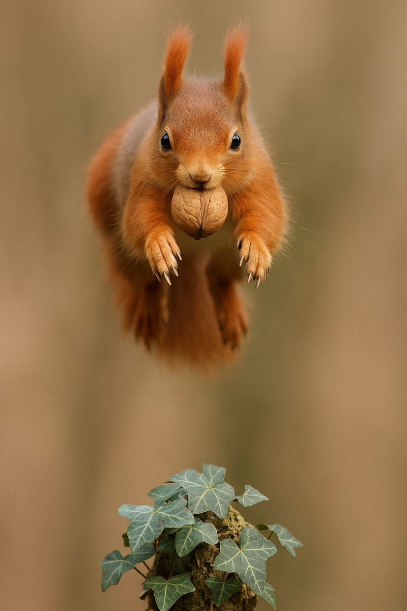Ecureuil rouge sautant noix faune nature animal dehors foret arbre plante feuille sol photorealiste comportement plancher Un écureuil roux est en plein saut, bondissant d'une branche vers une petite plante. L'écureuil a une queue touffue et une noix brune dans la bouche. Son corps est légèrement incliné vers la gauche, avec ses pattes avant étendues vers l'avant et ses pattes arrière levées. La fourrure de l'écureuil est d'un orange vif, et il a un ventre blanc. L'arrière-plan est flou, avec un mélange de tons bruns et verts, suggérant un cadre naturel en extérieur. Sous l'écureuil, il y a une petite plante aux feuilles vertes poussant sur une surface brune couverte de mousse.