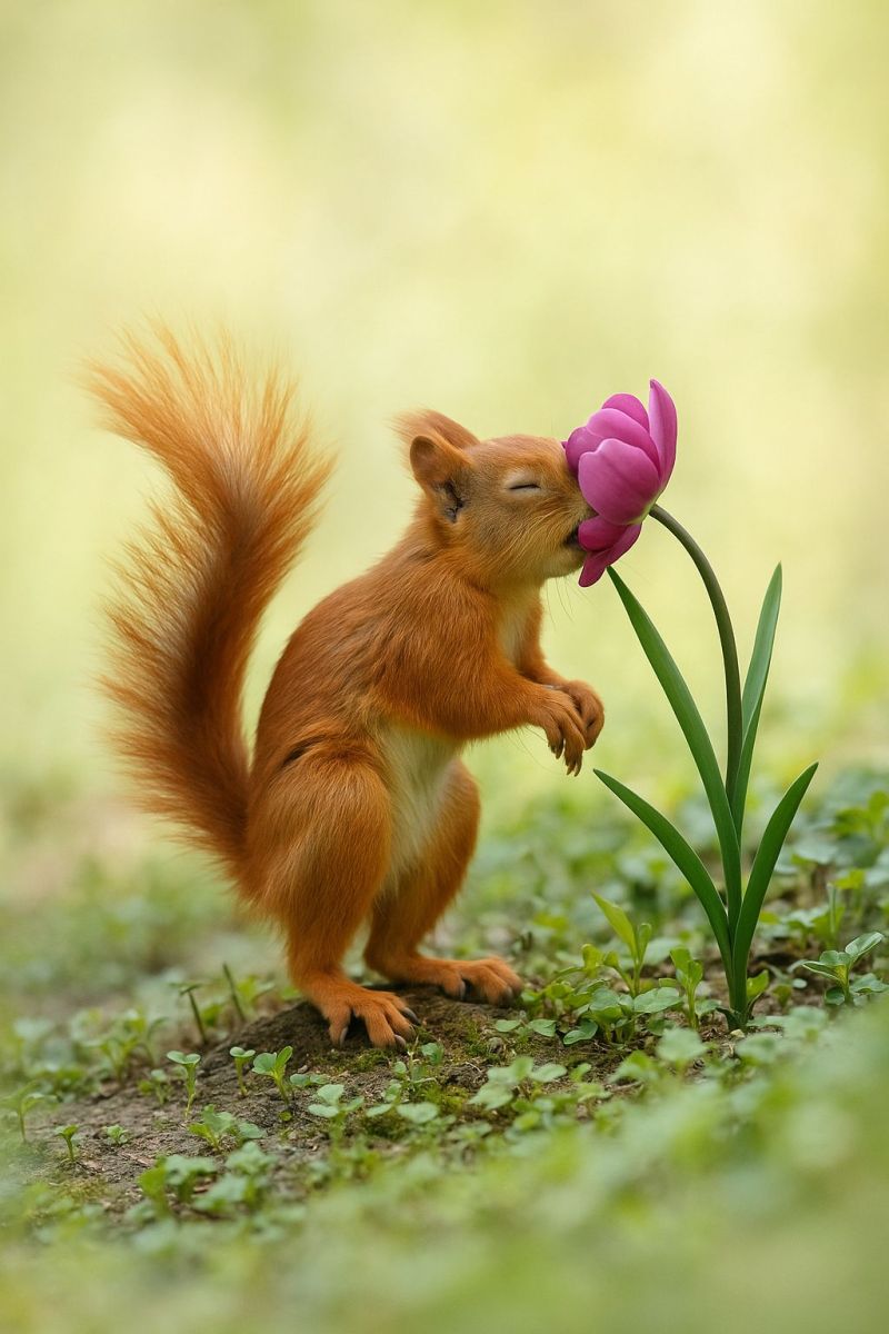 Squirrel flower nature wildlife animal outdoors cute cuteness flora floral design pattern arrangement wallpaper fabric decor A red squirrel is standing on its hind legs, holding a pink tulip flower with its front paws. The squirrel's eyes are closed, and it appears to be smelling the flower. The squirrel has a bushy tail and a white patch on its chest. The background is blurry, with green grass and small plants.