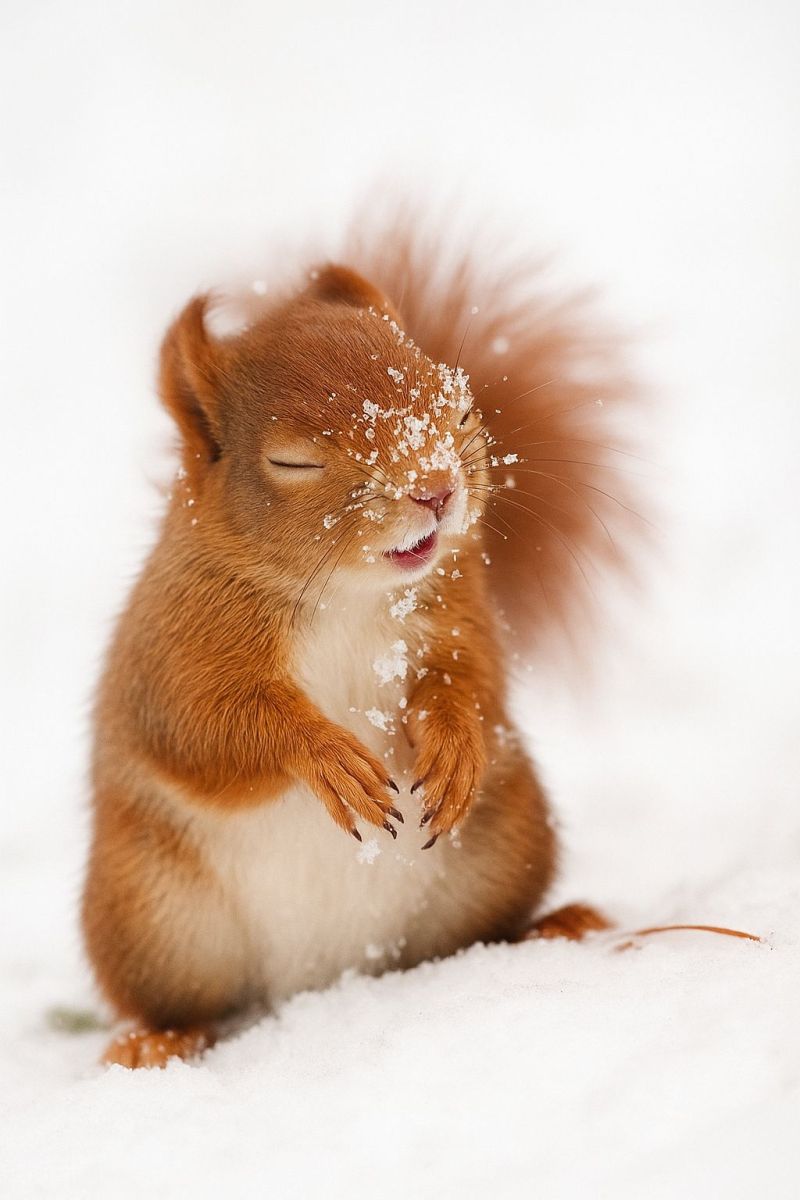 Ecureuil neige hiver animal faune nature air fourrure queue pattes yeux bouche enneige sol couverture Un écureuil roux est assis sur la neige, sa fourrure saupoudrée de flocons. L'écureuil a une queue touffue et regarde en l'air les yeux fermés, donnant l'impression de profiter du moment. Ses joues sont gonflées et sa bouche légèrement ouverte, suggérant qu'il pourrait éternuer ou simplement profiter de l'air froid. Les pattes de l'écureuil sont levées et il semble être dans une pose ludique ou détendue. L'arrière-plan est une neige blanche et douce, indiquant un cadre hivernal.