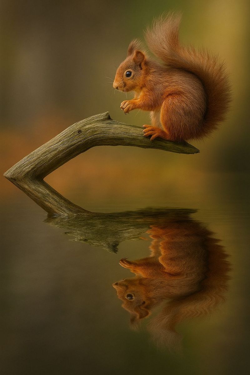 Ecureuil faune nature reflexion animal foret air arbre branche eau fourrure queue pattes Un écureuil roux est perché sur une branche partiellement immergée dans l'eau, créant un reflet semblable à un miroir de l'écureuil en dessous. L'écureuil a une queue touffue et regarde vers la gauche, observant peut-être quelque chose. Le reflet de l'écureuil dans l'eau est légèrement déformé, ajoutant une touche surréaliste à l'image. Le fond est un vert doux et flou, suggérant un cadre forestier ou boisé.