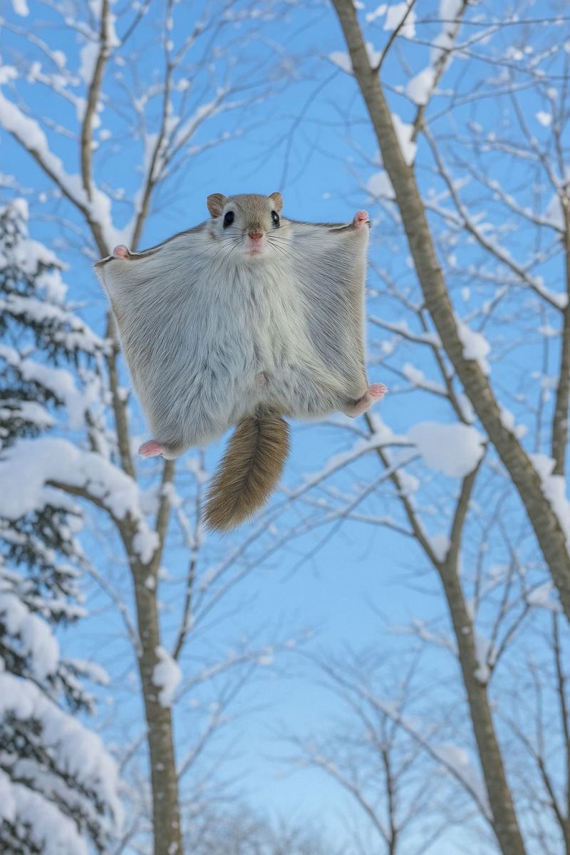 Animal wildlife nature squirrel flying sky snow tree forest winter outdoors mammal rodent flight gliding blue cold frost bark A flying squirrel is gliding through the air with its skin stretched out like a parachute. The squirrel has a white body with a brown tail and a small, pointed face. It is surrounded by trees covered in snow, and the sky is clear and blue. The squirrel's limbs are extended outward, and it appears to be in mid-flight.
