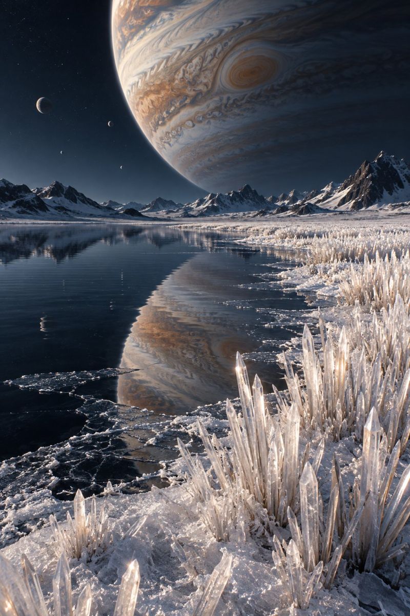 Planet space sky night astronomy universe celestial cosmic star moon galaxy cosmos starry planetary astronomical stargazing outer solar system vast, icy landscape under a dark, starry sky. In the foreground, there are numerous tall, slender ice crystals jutting out from the snow-covered ground. The ice crystals are transparent and reflect the light from the celestial bodies above. To the left, a serene body of water, possibly a lake or a sea, mirrors the sky and the surrounding mountains. The mountains are covered in snow and appear to be part of a mountain range. In the sky, a large planet dominates the scene, likely Jupiter, with its distinctive swirling clouds and a prominent Great Red Spot. Several moons are visible in the sky, orbiting the planet. The overall atmosphere is tranquil and otherworldly.