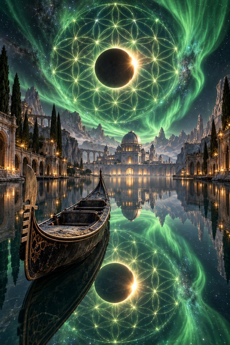 Bateau eau reflexion nuit ciel architecture batiment dome pont ville montagne arbre vert sombre aurore eclipse fantaisie Une scène sereine mettant en scène une gondole flottant sur un lac calme. Le bateau est positionné au centre et son reflet se reflète sur la surface de l'eau. L'eau est sombre, reflétant le ciel nocturne au-dessus, qui est rempli d'aurores boréales d'un vert éclatant et d'un grand motif circulaire ressemblant à une fleur. À l'arrière-plan, il y a un bâtiment majestueux et illuminé avec un toit en forme de dôme, entouré de structures cintrées et d'arbres. Le ciel est parsemé d'étoiles et les aurores boréales créent une atmosphère mystique.