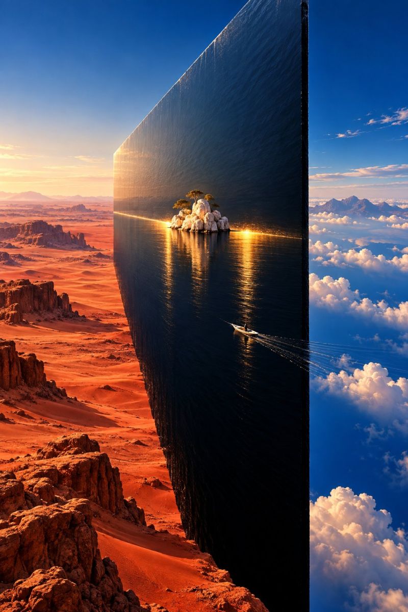 Desert island water rock mountain cloud sky sun sunlight reflection sea rocky cliff shore surface terrain wall edge A surreal landscape with a large, vertical wall of water dividing the scene into two halves. On the left, there is a desert with orange sand and rocky terrain under a clear blue sky with a setting sun casting warm light. On the right, there is a serene sea with clouds and a small boat sailing. In the middle, a small island with trees and rocks is reflected in the water.