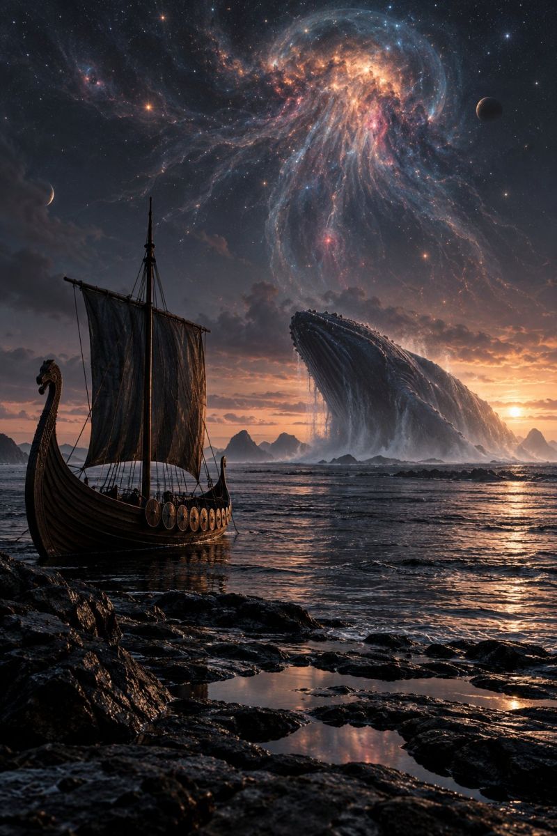 Boat water ship ocean sea whale night sky cloud rock mountain sunset star universe galaxy space astronomy celestial cosmic In the foreground, a Viking longship with a dragon head at the bow is sailing on a calm sea. The ship has a large sail and several shields are visible along its sides. To the right, a massive whale is breaching the water, creating a large splash. The sky is filled with a vibrant galaxy, with swirling clouds of gas and stars, and a crescent moon is visible. The horizon is painted with the warm colors of a sunset, reflecting on the water.