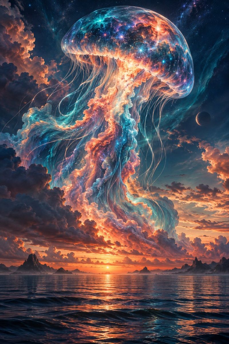Meduse ocean ciel nuages coucher soleil eau mer vague rochers ile montagnes planete etoiles espace nuit reflexion imagination Une grande méduse vibrante flotte gracieusement dans le ciel, son corps translucide brillant d'un mélange de teintes orange, bleues et vertes. Les tentacules de la méduse, longs et fluides, se fondent parfaitement avec les nuages en dessous, créant une atmosphère surréaliste et éthérée. Le ciel est un mélange époustouflant d'orange et de rose, indiquant un coucher ou un lever de soleil. Au loin, un croissant de lune et une planète lointaine ajoutent au thème céleste. L'océan en dessous est calme et réfléchissant, reflétant les couleurs du ciel et de la méduse.