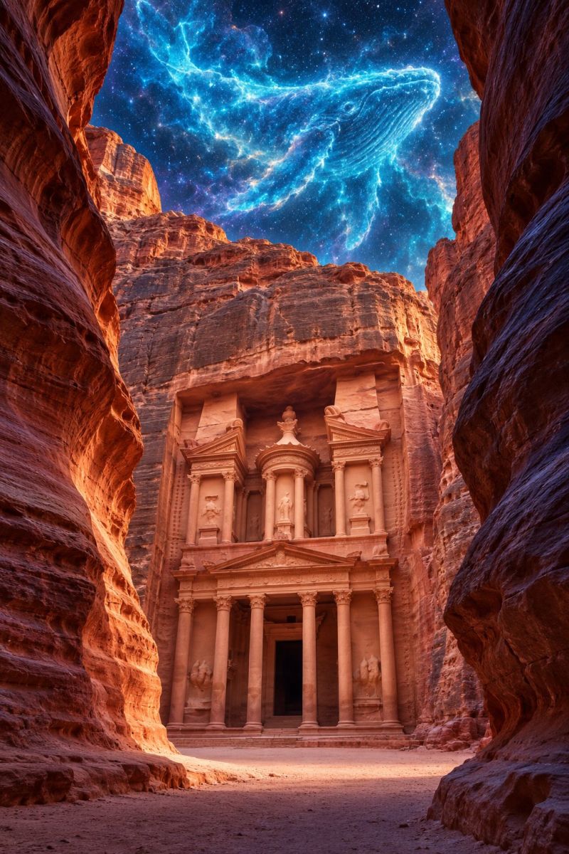 Ancient architecture building cave city desert deserted exterior geology heritage historic history monument outdoors ruins sand scenery stunning view of the ancient city of Petra in Jordan, with a surreal twist. The iconic Treasury building, carved into the red rock cliffs, stands prominently in the foreground. Above the Treasury, the night sky is depicted with a fantastical blue nebula, resembling a whale swimming through the stars. The sky is filled with stars, and the nebula adds a magical, otherworldly element to the scene. The surrounding rock formations are rugged and dramatic, enhancing the mystical atmosphere of the image.