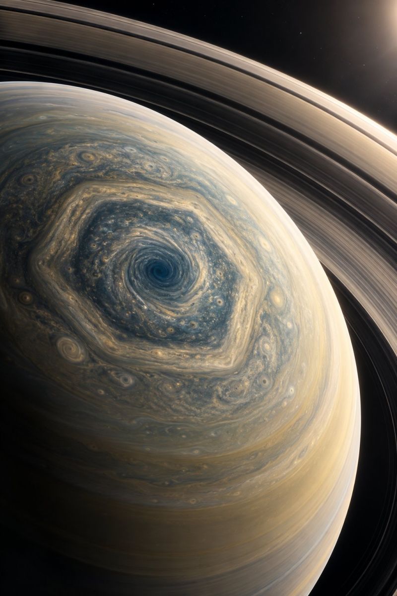 Planete espace astronomie cosmos univers atmosphere nuages meteo tempete vortex oeil anneaux saturne jupiter nasa exploration celeste solaire systeme L'image montre une vue rapprochée de Jupiter, la plus grande planète de notre système solaire. La surface de la planète est une mosaïque tourbillonnante de bleus, de bruns et de blancs profonds, avec des bandes et des taches proéminentes. Au centre se trouve une grande tempête circulaire sombre connue sous le nom de Grande Tache Rouge, entourée d'un ensemble complexe de petites tempêtes et de nuages. L'atmosphère de la planète est dynamique, avec des formations nuageuses visibles et un indice de rotation de la planète. L'image capture également les anneaux légers et délicats de Jupiter, qui ne sont pas aussi saillants que ceux de Saturne mais toujours visibles. Le fond est sombre, mettant en valeur les couleurs vives et les détails complexes de l'atmosphère de Jupiter.