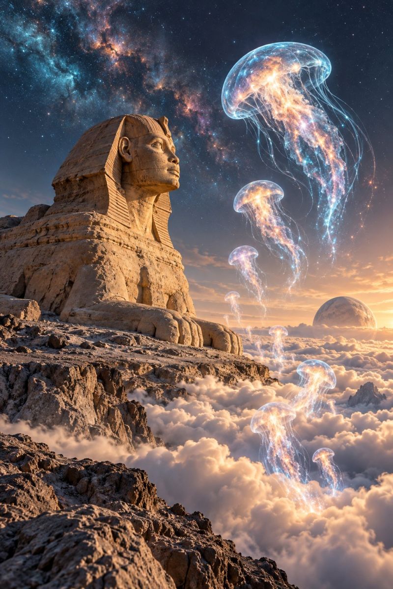 Ancienne architecture astronomie nuages concept design egypte fantastique fiction histoire imagination inspiration source citations propos vie succes majestueuse statue de sphinx, sculptée dans la pierre, située sur un paysage désertique rocheux. Le sphinx a une tête humaine avec une couronne et un corps de lion, regardant vers l'avant avec une expression sereine. Au-dessus du Sphinx, plusieurs méduses rougeoyantes flottent dans l'air, leurs corps translucides scintillant d'une lumière douce et éthérée. Le ciel est d'un bleu profond, parsemé d'étoiles et d'un soupçon de galaxie de la Voie lactée. Au loin, une grande planète est visible, ce qui ajoute à l'atmosphère surréaliste et surnaturelle de la scène.