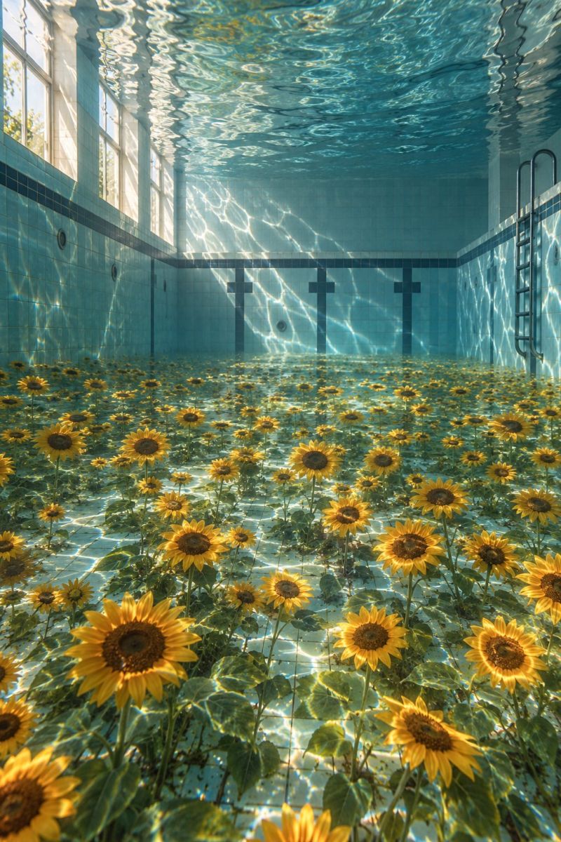 Tournesols eau piscine desertee image picture indoor swimming pool filled with water up to the edge. The pool is lined with blue tiles, and the water is clear, allowing visibility of the pool's interior. In the center of the pool, there is a dense field of sunflowers, their bright yellow petals and green leaves creating a vibrant contrast against the blue tiles and clear water. The sunflowers are arranged in a way that suggests they are growing naturally within the pool. The pool's walls are adorned with large, white windows that allow sunlight to filter in, casting a warm glow on the water and the sunflowers. The sunlight also creates reflections and ripples on the water's surface, adding to the serene and picturesque scene.