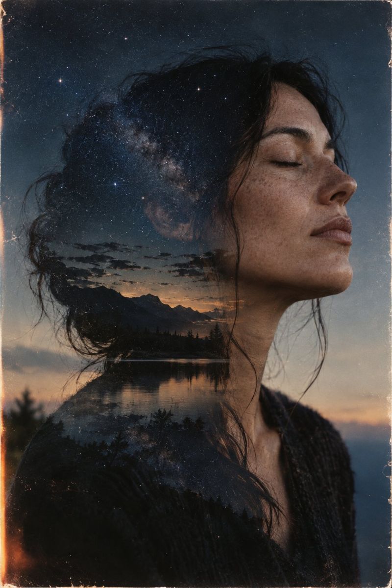 Woman night stars sky mountains lake trees reflection sunset clouds fringe hair eyes lips smile frown mood emotion woman with her eyes closed, her face illuminated by the soft glow of the night sky. Her hair is dark and appears to be blowing gently in the breeze. The background is a stunning blend of a serene lake, a silhouette of mountains, and a sky filled with stars. The sky transitions from a deep blue to a lighter hue, suggesting the onset of dawn. The woman's face is partially overlaid with the night sky, creating a surreal and dreamlike effect. The overall mood is tranquil and reflective, capturing a moment of peaceful solitude.