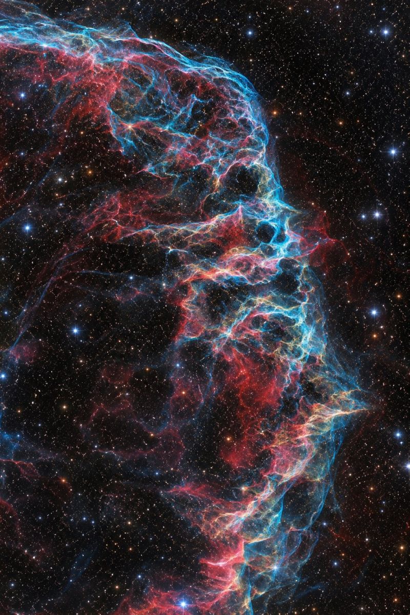 Nebula space galaxy universe astronomy cosmic star celestial astrophysics cosmology stardust astronomical galactic astrophotography outer dust formati The image showcases a nebula, a vast cloud of gas and dust in space, with intricate, swirling patterns of vibrant colors. The nebula features shades of blue, pink, and red, creating a mesmerizing and dynamic appearance. The nebula's structure is complex, with tendrils and filaments that seem to dance and intertwine. The background is a deep, dark black, providing a striking contrast to the nebula's vivid colors. Scattered throughout the image are numerous stars, some of which appear brighter and more prominent than others, adding to the celestial beauty of the scene.