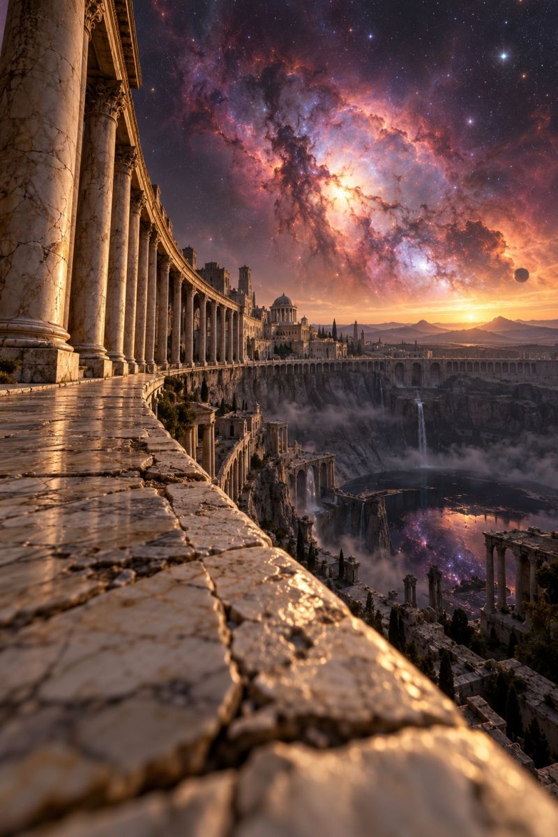 Architecture building city classical temple grand architectural structure made of marble columns and arches, situated on a cliff overlooking a vast, misty valley. The valley is illuminated by a stunning sunset, casting warm, golden light across the scene. In the background, a majestic waterfall cascades down the cliff into the valley below. The sky is a breathtaking display of colors, transitioning from deep blues and purples to fiery oranges and pinks, with a galaxy visible in the upper right corner, adding a sense of cosmic wonder. The distant horizon is dotted with mountains, and the overall atmosphere is serene and awe-inspiring.