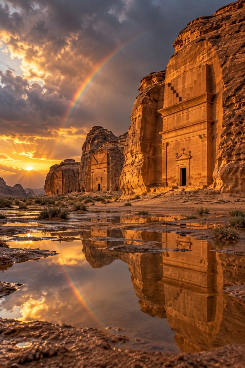 Desert coucher soleil arc ciel architecture ancien historique air nature reflet eau nuages batiment voyages tourisme culture roche formation L'image capture une magnifique scène de coucher de soleil dans un paysage désertique. Le soleil se couche derrière une grande falaise rocheuse, projetant une lumière chaude et dorée qui met en valeur les détails complexes de l'ancienne architecture taillée dans la roche. L'architecture comprend une série de portes et de fenêtres cintrées, avec une entrée centrale bien visible. Un arc-en-ciel se cambre gracieusement dans le ciel, ajoutant une touche magique à la scène. Le reflet de l'arc-en-ciel et du soleil couchant se reflète magnifiquement dans un bassin d'eau peu profond au pied de la falaise, créant un moment serein et pittoresque. Le ciel est un mélange de bleus profonds et d'oranges chaudes, avec des nuages épars qui ajoutent de la profondeur à la scène.