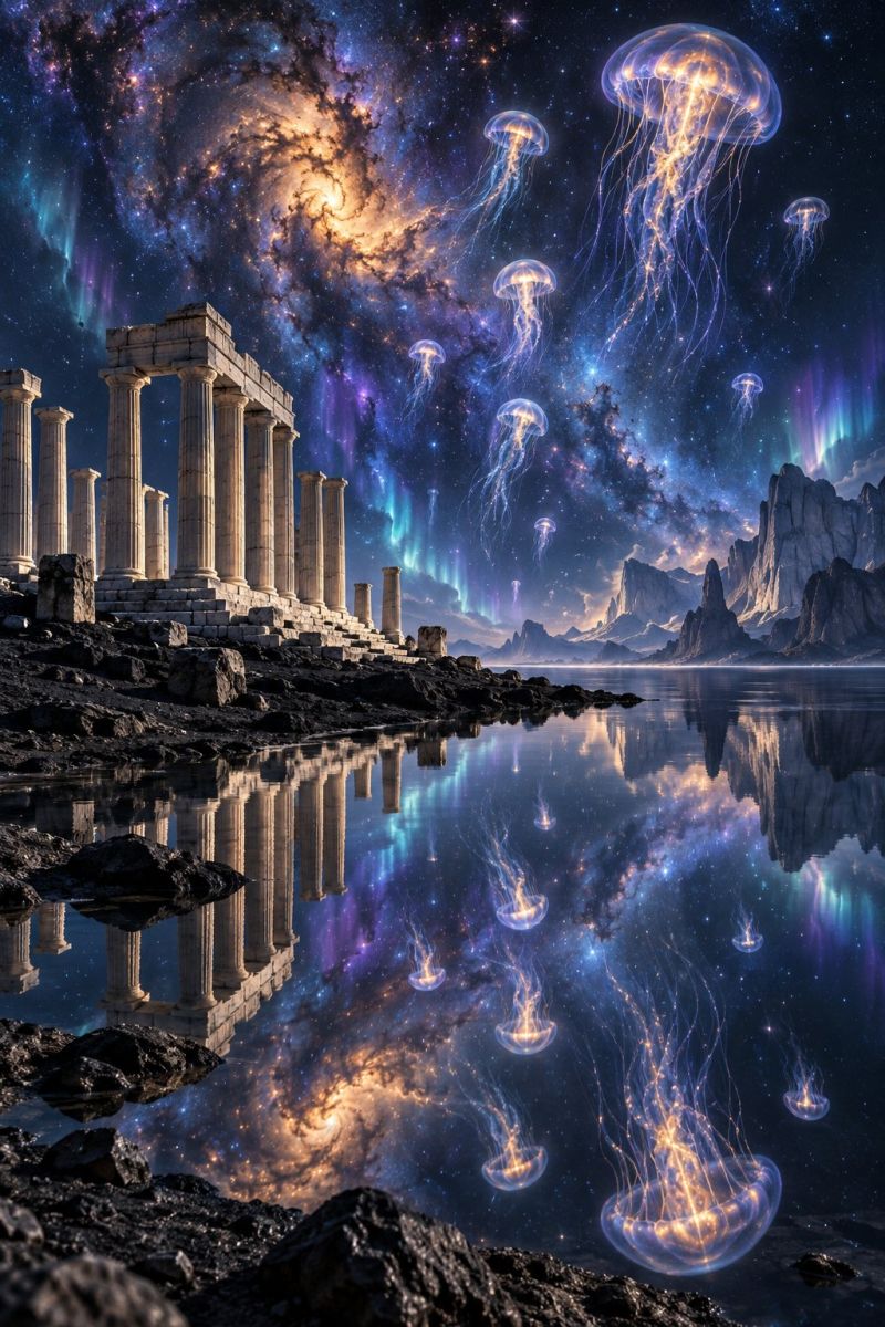 Architecture astronomie aurore batiment colonne cosmos creativite fantaisie fictif galaxie imagination inspiration meduse montagne ocean reflexion scène sereine avec une grande structure en pierre ancienne ressemblant à un temple ou à des ruines, située au bord d'un plan d'eau calme. La structure a plusieurs colonnes et est partiellement submergée, son reflet étant miroir dans l'eau en dessous. Au-dessus des ruines, un ciel de nuit vibrant est dépeint avec une galaxie, des étoiles et des aurores. Plusieurs méduses flottent gracieusement dans le ciel, leurs corps translucides brillant doucement. L'eau est calme et reflète le ciel et les ruines, créant une atmosphère paisible et surnaturelle.