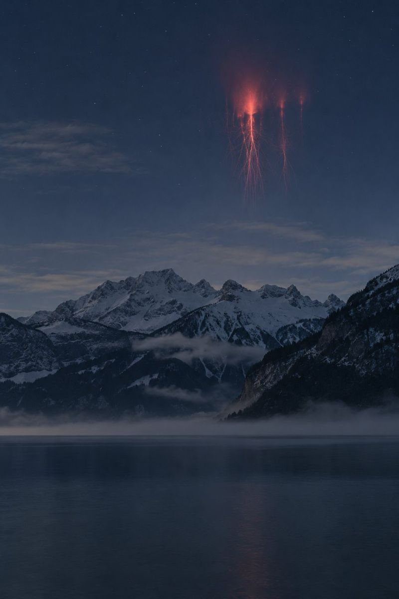Sprite rouge dessus lac annecy image photographie magnifique prise précise montrant les méfaits sauvage des activités humaines sur la biodiversité sur la sprite rouge dessus lac d annecy