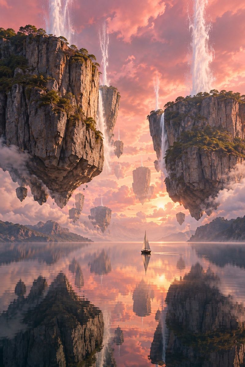 Water reflection boat sky clouds mountain rock waterfall sun sunset nature scenery island cliff trees vegetation mist misty surreal landscape with floating rock formations and waterfalls cascading into a serene body of water. The sky is a gradient of pink and orange, suggesting either a sunset or sunrise. In the foreground, a small sailboat with a tall mast is sailing on the calm water, reflecting the surrounding scenery. The floating rocks are adorned with trees and plants, adding to the fantastical atmosphere. The water mirrors the sky and the floating rocks, creating a harmonious and dreamlike scene.