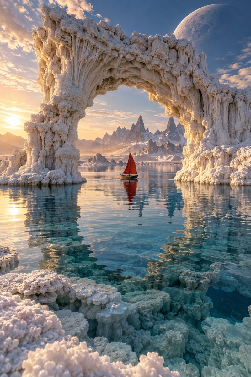 Bateau eau glace reflet mer ciel soleil nuage montagne rocher coucher horizon lever ocean marin nature jour un petit voilier à voile rouge navigue dans un paysage serein et glacé. Le bateau est positionné au milieu de l'eau et son reflet est visible sur la surface calme. L'eau est entourée de grandes formations de glace blanche et déchiquetées qui ressemblent à des récifs coralliens. Ces structures de glace sont minutieusement détaillées et présentent une variété de formes et de tailles. Le ciel au-dessus est d'un bleu profond, avec une grande lune rougeoyante au loin, ajoutant une touche mystique à la scène. Le soleil se couche à l'horizon et projette une lumière chaude et dorée sur l'ensemble du paysage.