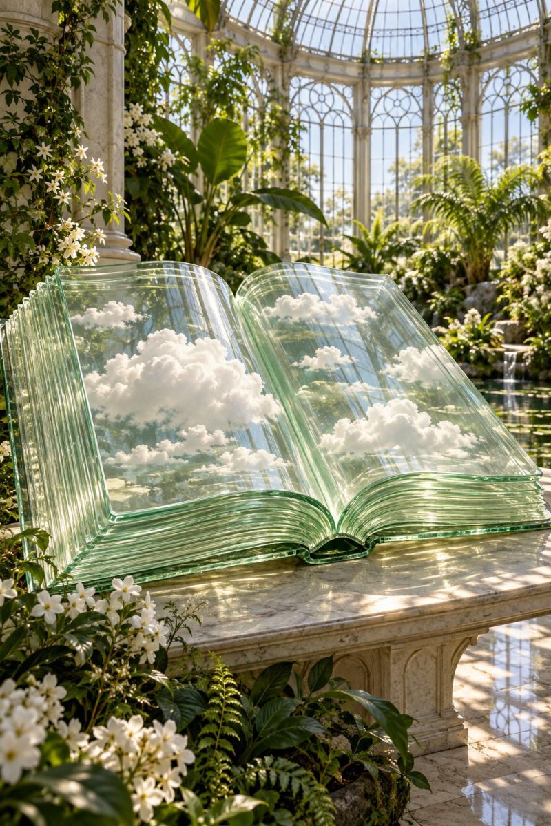 Book glass clouds reflection garden plants flowers green sky architecture sculpture nature outdoors sunlight water fountain marble structure A large, open glass book is placed on a marble bench in a lush, green garden. The book's pages are transparent, reflecting the sky and clouds above. Surrounding the book are vibrant white flowers and lush green plants, with a large, arched glass structure in the background. The garden is enclosed by a glass wall, allowing natural light to flood the area. The scene is bright and serene, with a sense of tranquility and beauty.