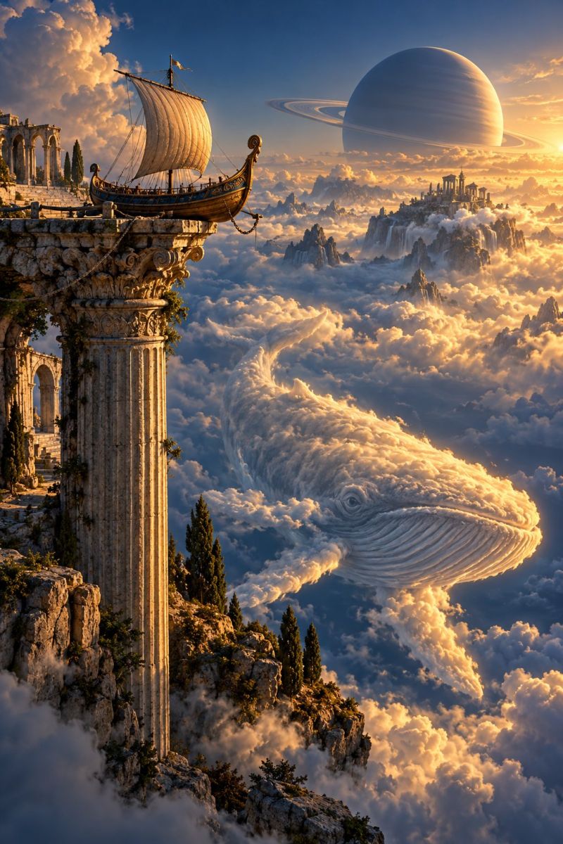 Ship cloud sky mountain whale fantasy architecture pillar rock castle planet space sun sea bridge rope tree ruin sunset Au premier plan, une grande colonne ornée se dresse sur une falaise rocheuse, avec un navire amarré à sa base. Le navire a une voile triangulaire et semble être ancien, avec un drapeau flottant à son sommet. Sur la droite, une structure semblable à un château est perchée sur une montagne couverte de nuages. Dans le ciel, un énorme nuage en forme de baleine flotte sereinement, l'oeil visible. Derrière la baleine, une grande planète avec des anneaux est visible et le soleil se couche au loin, projetant une lueur chaude sur la scène