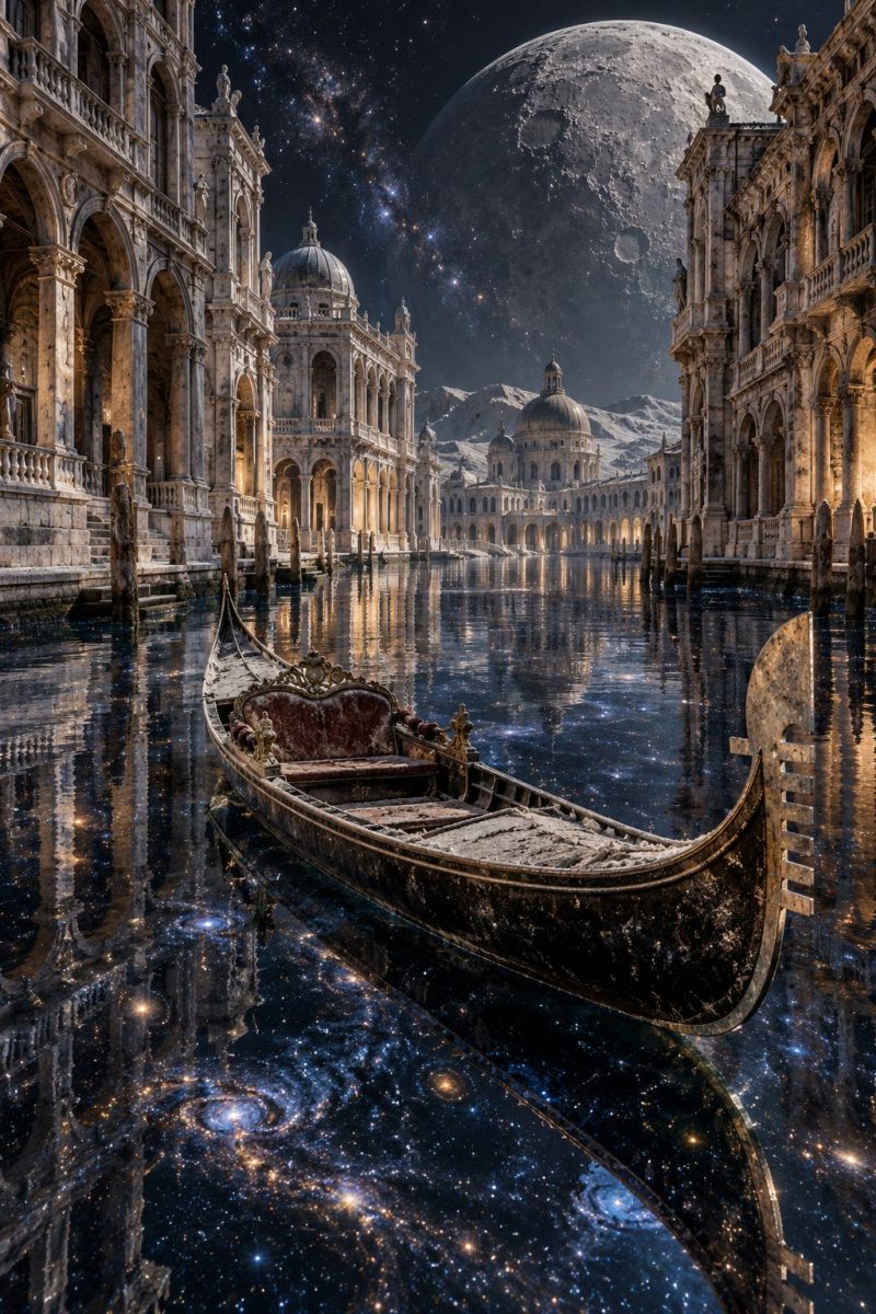 Architecture astronomy boat building canal city classical dark fantasy fictional galaxy sculpture temple town village a gondola is floating on a calm, reflective body of water. The gondola is old and weathered, with a cushioned seat in the middle. The water reflects the night sky, which is filled with stars and a large, glowing moon. The moon is surrounded by a galaxy, adding a surreal touch to the scene. On either side of the water, there are grand, old buildings with arched windows and intricate designs. The buildings are illuminated by the light from the moon and stars, creating a magical atmosphere.