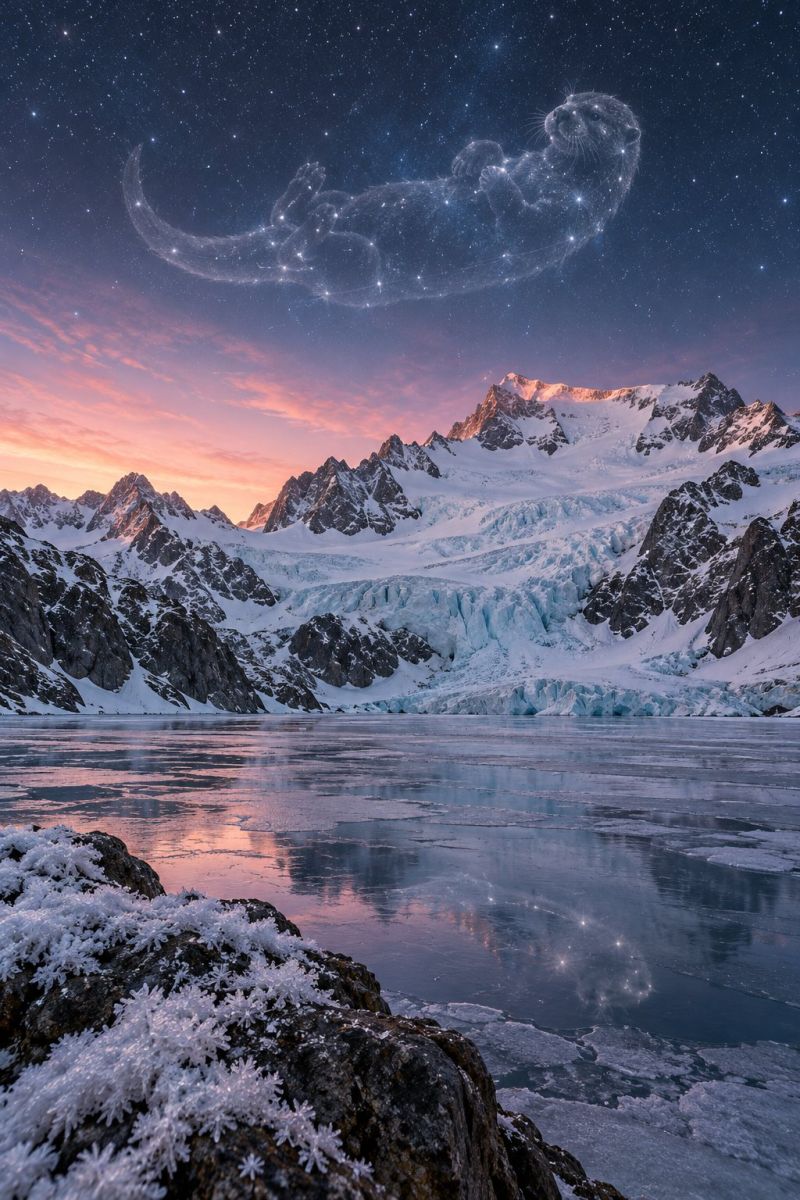 Mountains sky night snow lake water reflection ice glacier rock sunset nature outdoors star cloud wildlife animal creature serene, snowy landscape with a large body of water, possibly a lake or a sea, reflecting the sky and surrounding mountains. The sky is a deep blue, dotted with stars, and there is a silhouette of a large, mythical creature, resembling a dragon or a sea serpent, floating gracefully in the sky. The mountains in the background are covered in snow and have a rugged, rocky appearance. The foreground is dominated by a large rock covered in snow and ice crystals, adding to the wintry atmosphere. The overall scene is peaceful and majestic, with a touch of fantasy.