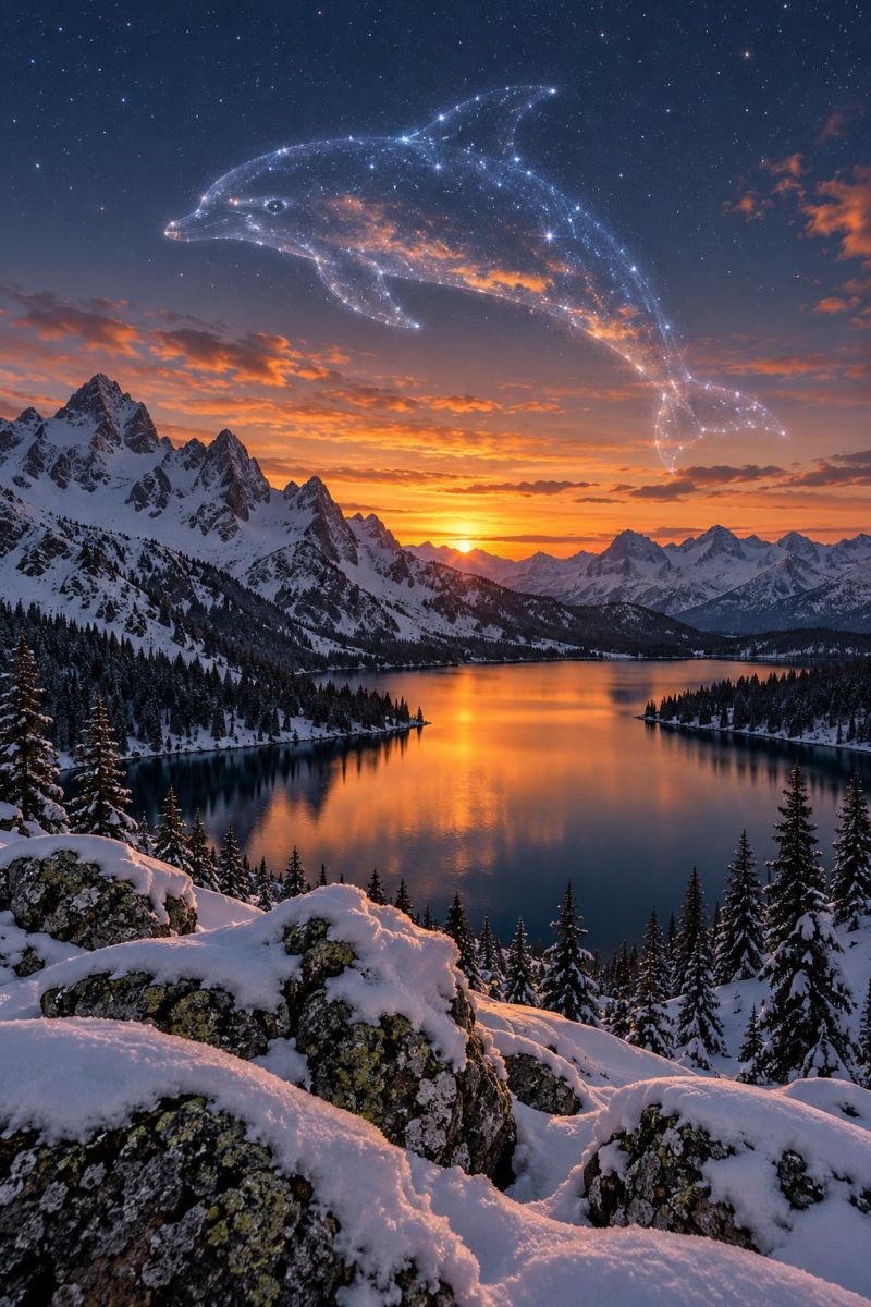 Mountains lake sunset sky snow trees reflection night clouds dolphin stars water nature winter rocks forest horizon A serene winter landscape features a large, tranquil lake reflecting the warm hues of a setting sun. Snow blankets the ground and the surrounding pine trees, creating a peaceful, snowy scene. In the sky, a silhouette of a dolphin appears to be leaping, with its body dotted with stars, adding a magical touch to the image. The mountains in the background are also dusted with snow, and the sky transitions from deep blue to orange and pink near the horizon, indicating the end of the day.