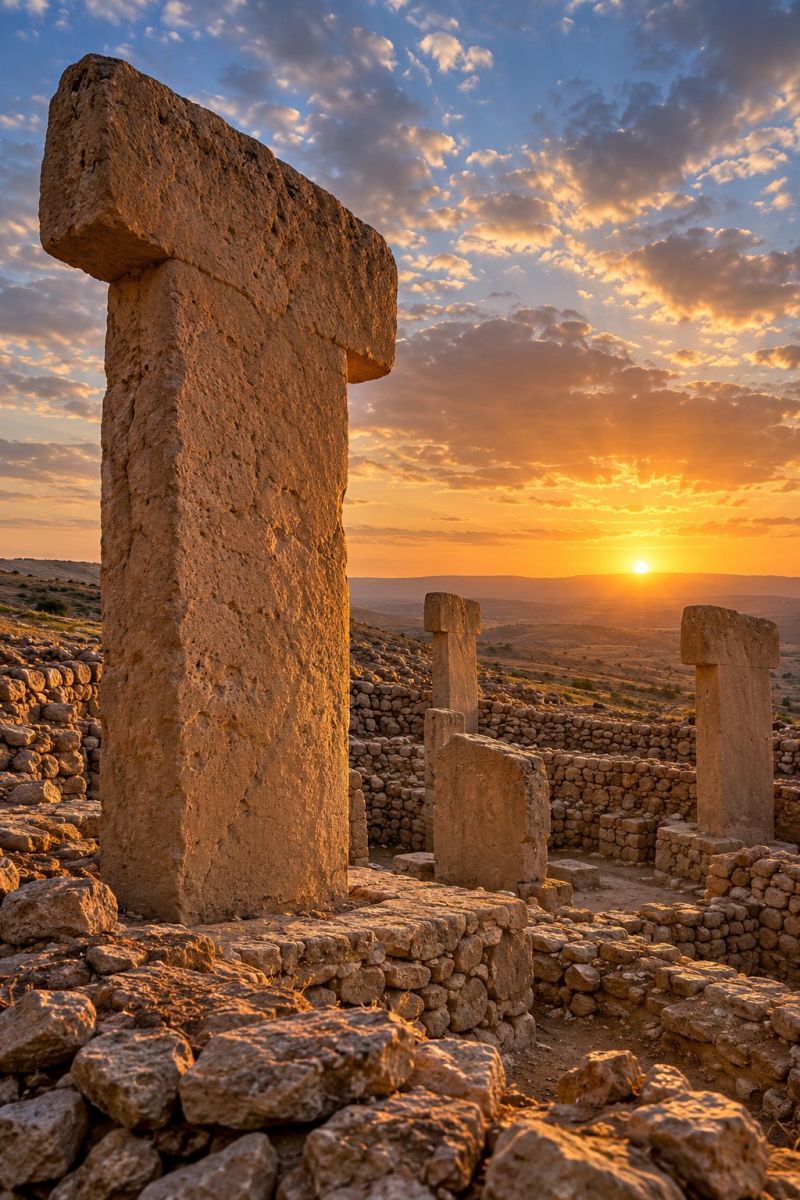 Ancient architecture archaeology building city civilization country culture desert destination exterior history monument outdoors ruins sky sunset The image captures a dramatic sunset over an ancient archaeological site. In the foreground, there is a large, weathered stone pillar standing tall, with a rectangular top and a rough, textured surface. To the right of this pillar, there is a smaller, similarly weathered stone structure. The ground is uneven, with scattered rocks and stones, and there are remnants of stone walls in the background, suggesting the ruins of an ancient settlement. The sky is a deep orange and pink, with the sun setting on the horizon, casting a warm glow over the entire scene. The distant hills are silhouetted against the vibrant sky, adding to the serene and historical atmosphere of the image.