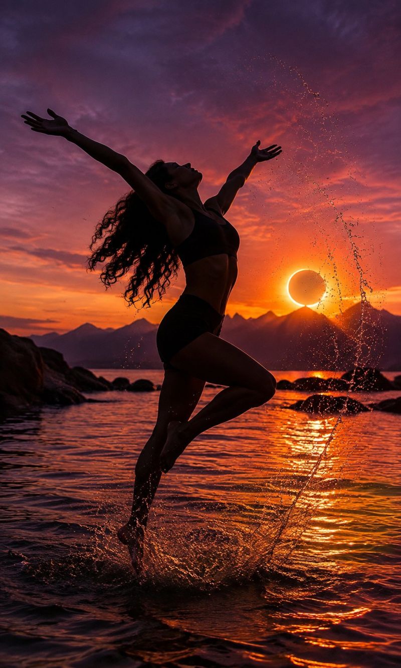 Sunset water ocean sky mountain cloud sun rock wave beach sea horizon nature reflection freedom A woman is leaping into the water at sunset, her arms and legs spread wide. She is wearing a black bikini, and her long hair is flowing freely. The water splashes around her, and the sunset casts a warm, golden glow on the scene. The sky is a mix of purple and orange hues, with the sun partially hidden behind a silhouette of mountains. The water is calm, reflecting the colors of the sky, and there are rocks and small islands visible in the distance.
