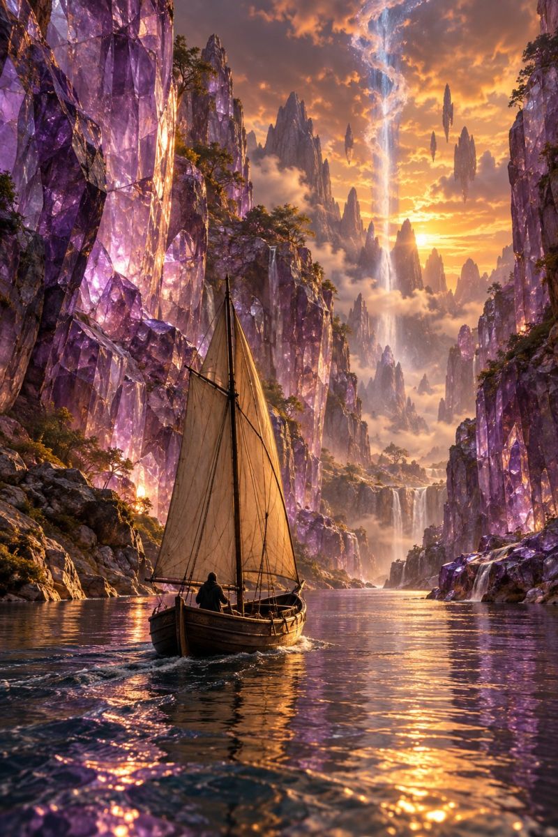 Bateau voile eau montagne rocher falaise ciel nuage soleil coucher nature reflet riviere ruisseau automne soiree Une personne fait naviguer un petit bateau sur une rivière avec un coucher de soleil en arrière-plan. La rivière est entourée de gros rochers déchiquetés aux teintes violettes, et une cascade descend des rochers. Le ciel est un mélange de teintes orange et rose, et il y a des nuages au loin. Le bateau avance et la personne tient le volant.
