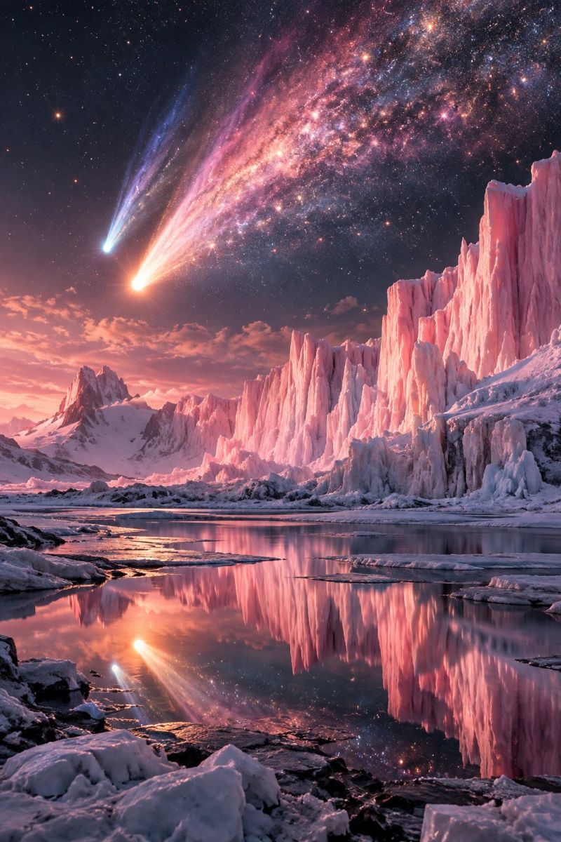 Comete montagnes lac reflexion neige glace roches eau ciel etoiles nuages nature air hiver astronomie espace univers celeste nuit Une scène époustouflante d'une comète traversant un ciel rose éclatant au-dessus d'un paysage gelé. La comète, avec sa queue brillante, est visible sur fond de galaxie remplie d'étoiles. Le ciel passe d'un bleu profond à un dégradé de teintes roses et violettes, se reflétant sur la surface glacée d'un plan d'eau serein. L'eau reflète les falaises roses et les montagnes, créant un effet symétrique et surréaliste. Le premier plan est recouvert de neige, avec des roches éparses et des formations de glace qui ajoutent de la texture à la scène. L'atmosphère générale est empreinte de tranquillité et d'émerveillement, capturant la beauté du cosmos et de la nature glaciale.