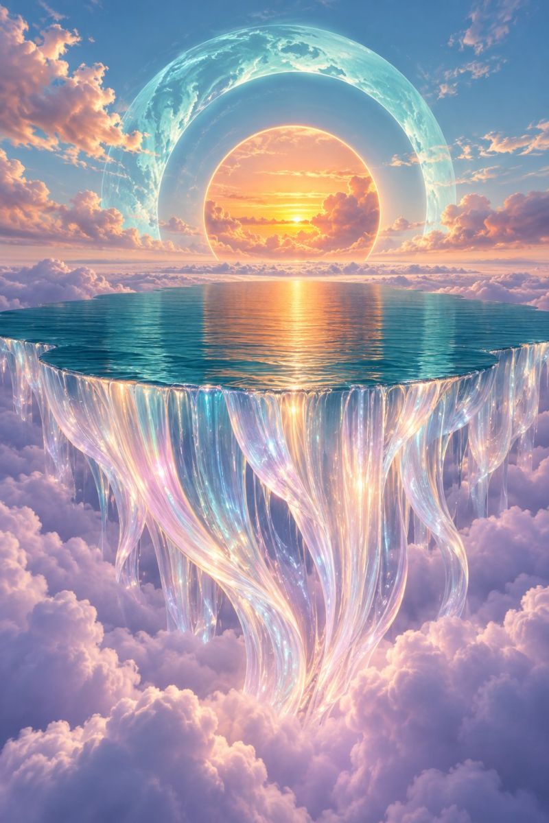 Sky clouds water sun sunset horizon reflection nature imagination fantasy dream painting In the center of the image, a large, glowing sun is partially obscured by a large, blue, circular object that resembles a planet or moon. The sun's rays illuminate the surrounding clouds, which are a mix of white and orange hues, creating a warm and vibrant atmosphere. Below the sun, a vast body of water, possibly an ocean, is depicted with a wavy, translucent surface that reflects the colors of the sky. The water appears to be floating in the air, surrounded by a series of cascading, crystalline structures that resemble waterfalls. These structures are made of a translucent, glass-like material that catches and refracts the light, creating a mesmerizing effect. The sky is filled with a variety of clouds, ranging from fluffy white to darker, more ominous-looking ones, adding depth and texture to the scene. Overall, the image evokes a sense of wonder and awe, with its surreal and fantastical elements.