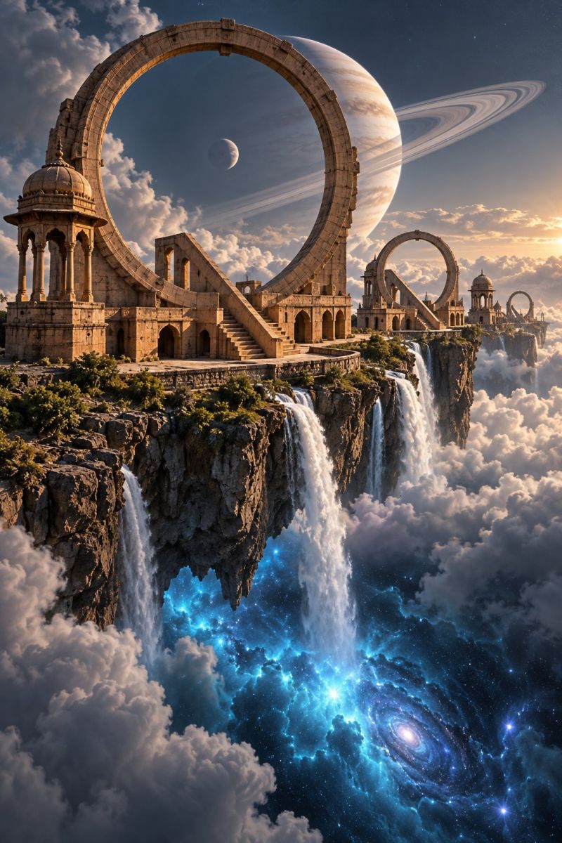 Architecture astronomy bridge clouds cosmos creativity design fantasy fiction galaxy imagination infinity inspiration moon planet reflection space str surreal landscape with a large, ancient stone structure resembling a temple or palace perched on a cliff. The structure features a grand archway and domes, with steps leading up to it. Waterfalls cascade down the cliff into a cloud-filled sky. In the background, a large planet with rings, resembling Saturn, is visible, along with a crescent moon. The sky is a mix of blue and orange hues, suggesting either dawn or dusk. The scene is filled with a sense of wonder and mystery, blending elements of architecture, nature, and space.
